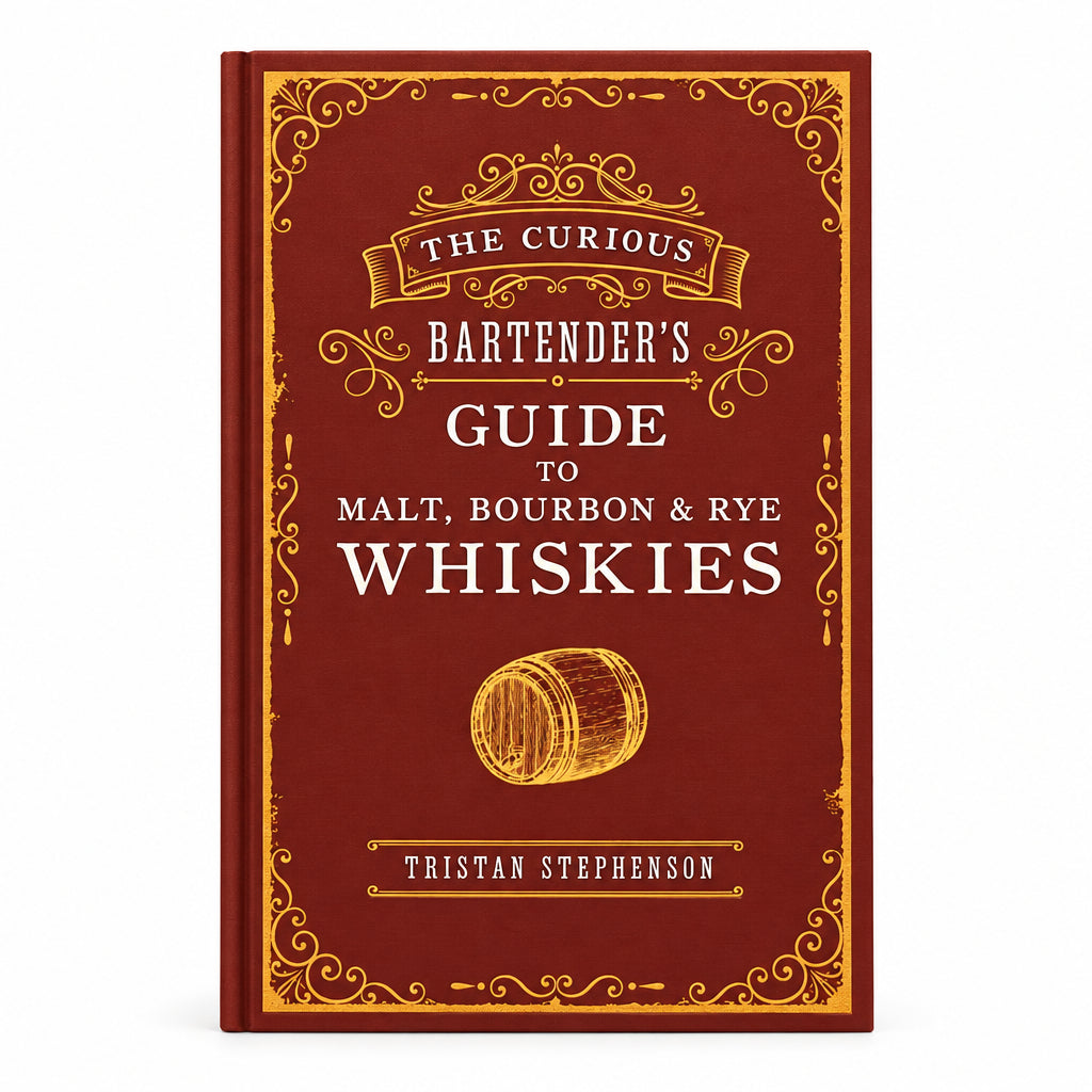Book cover of 'The Curious Bartender's Guide to Malt, Bourbon & Rye Whiskies' with decorative elements on a red background.
