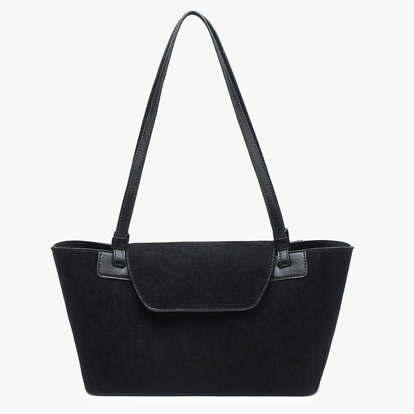 A black tote bag with a suede-like finish, featuring a top flap with dark leather trim and dual shoulder straps, set against a plain white background.