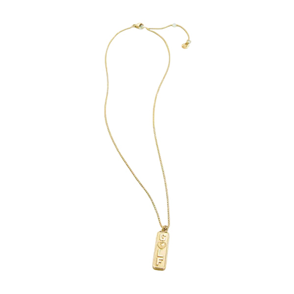 Gold necklace with a pendant on a light blue background