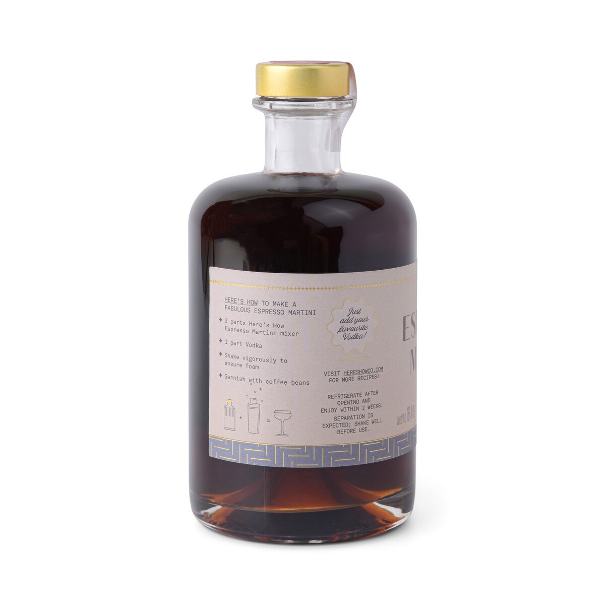 Bottle of dark liquid with a gold cap on a white background