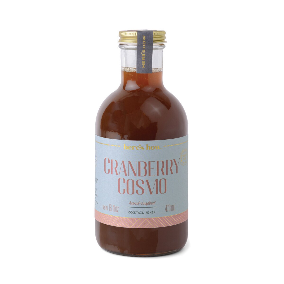 Bottle of cranberry cosmo cocktail mixer with a label on a white background