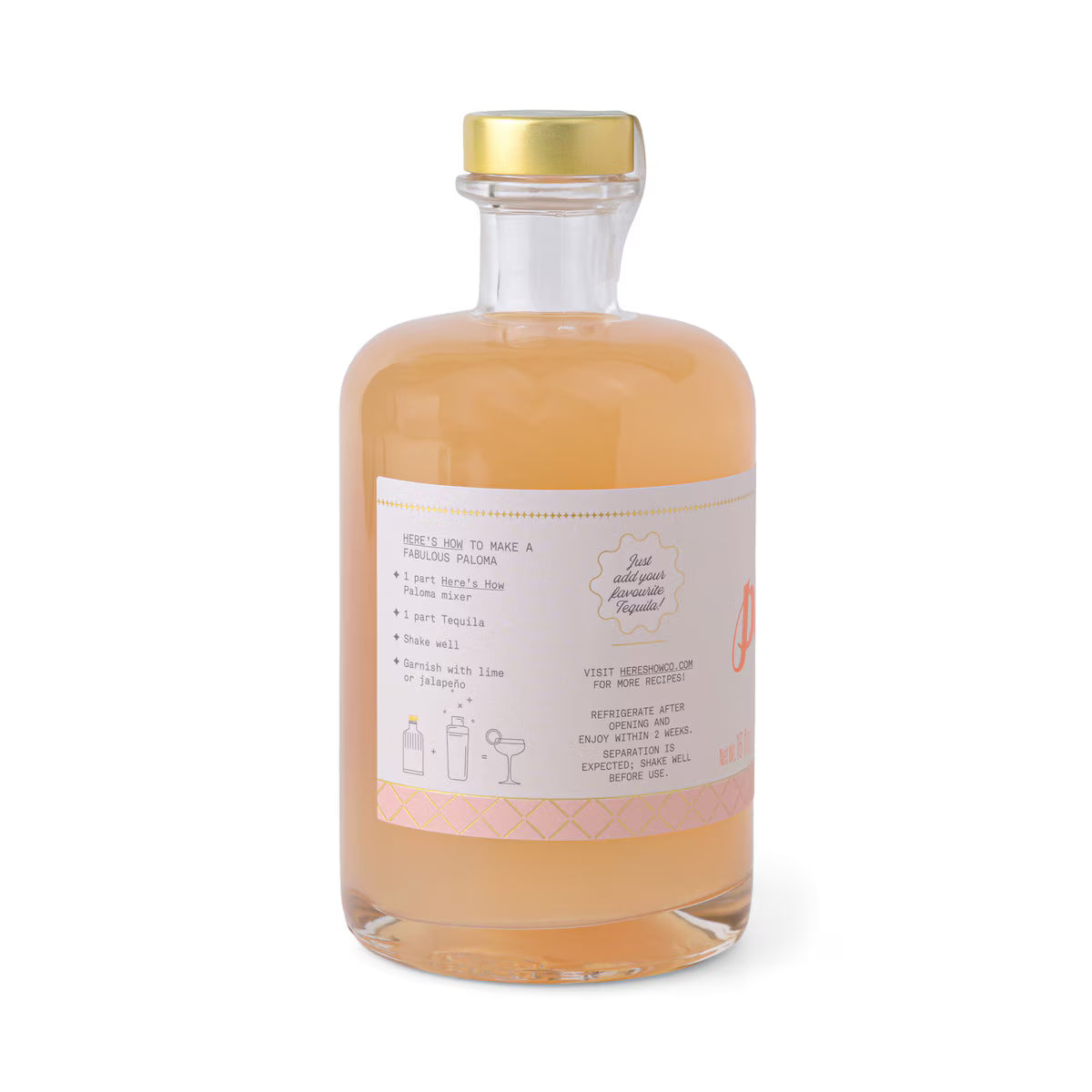 Clear bottle with peach-colored liquid and gold cap on a white background
