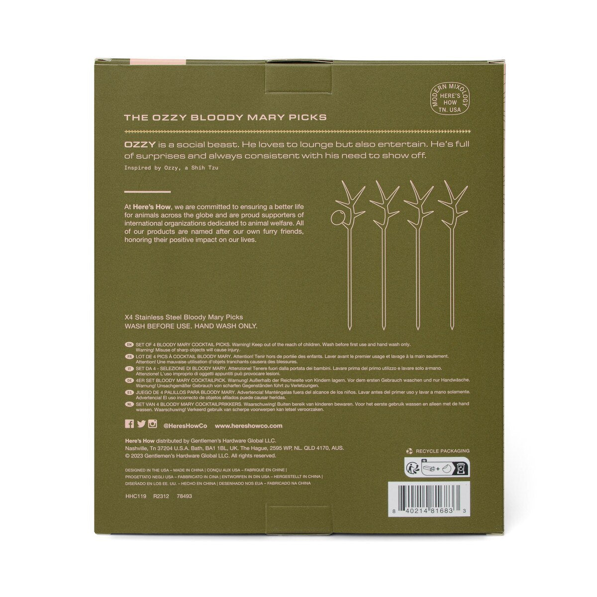 Back of a product packaging with text and illustrations on a green background