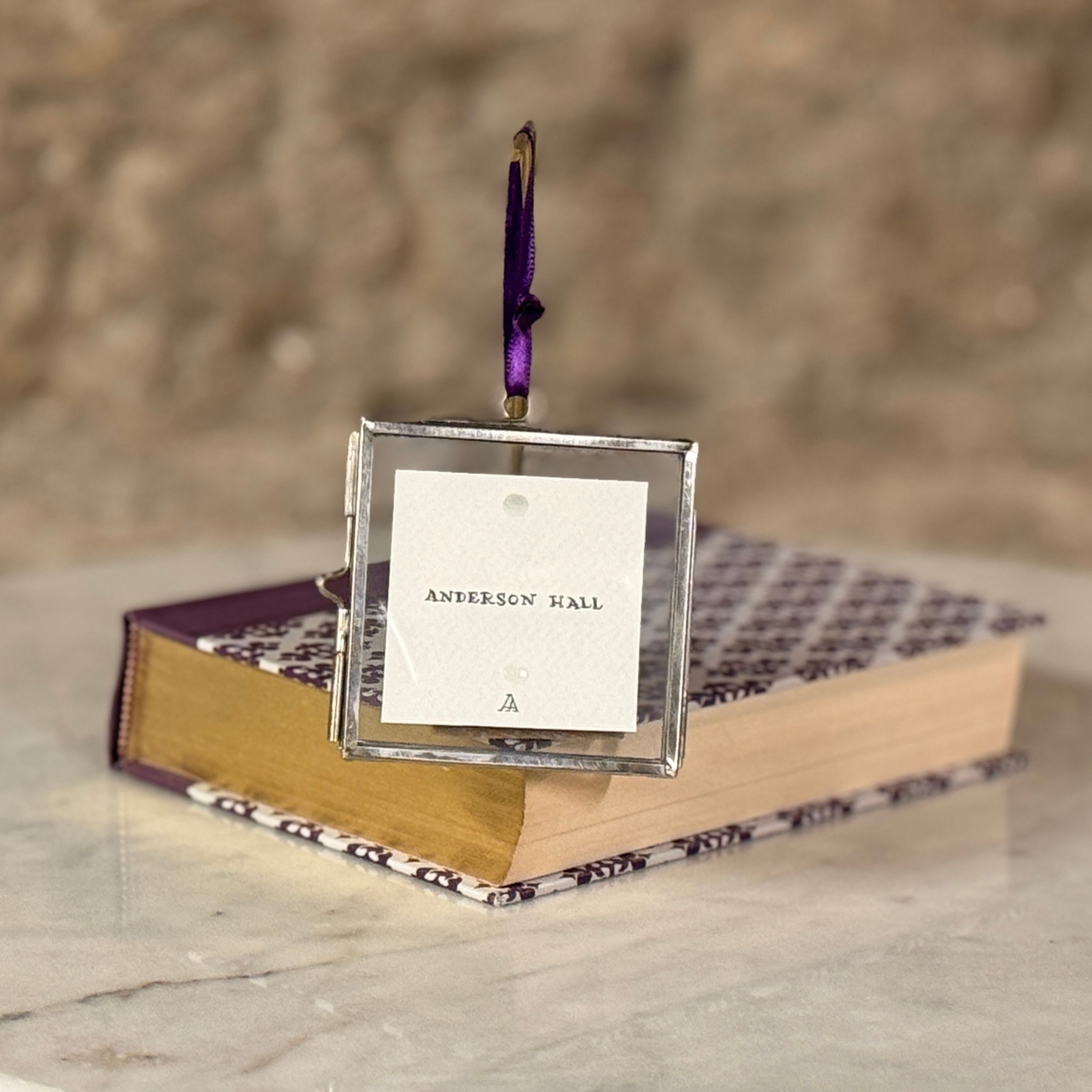 Decorative photo frame with a ribbon on top of a book titled 'Anderson Hall'.