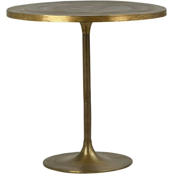 A round brass pub table with a single central pedestal stem and a flared circular base, shown against a plain white background.