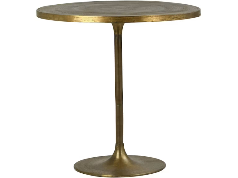 A round brass pub table with a single central pedestal stem and a flared circular base, shown against a plain white background.