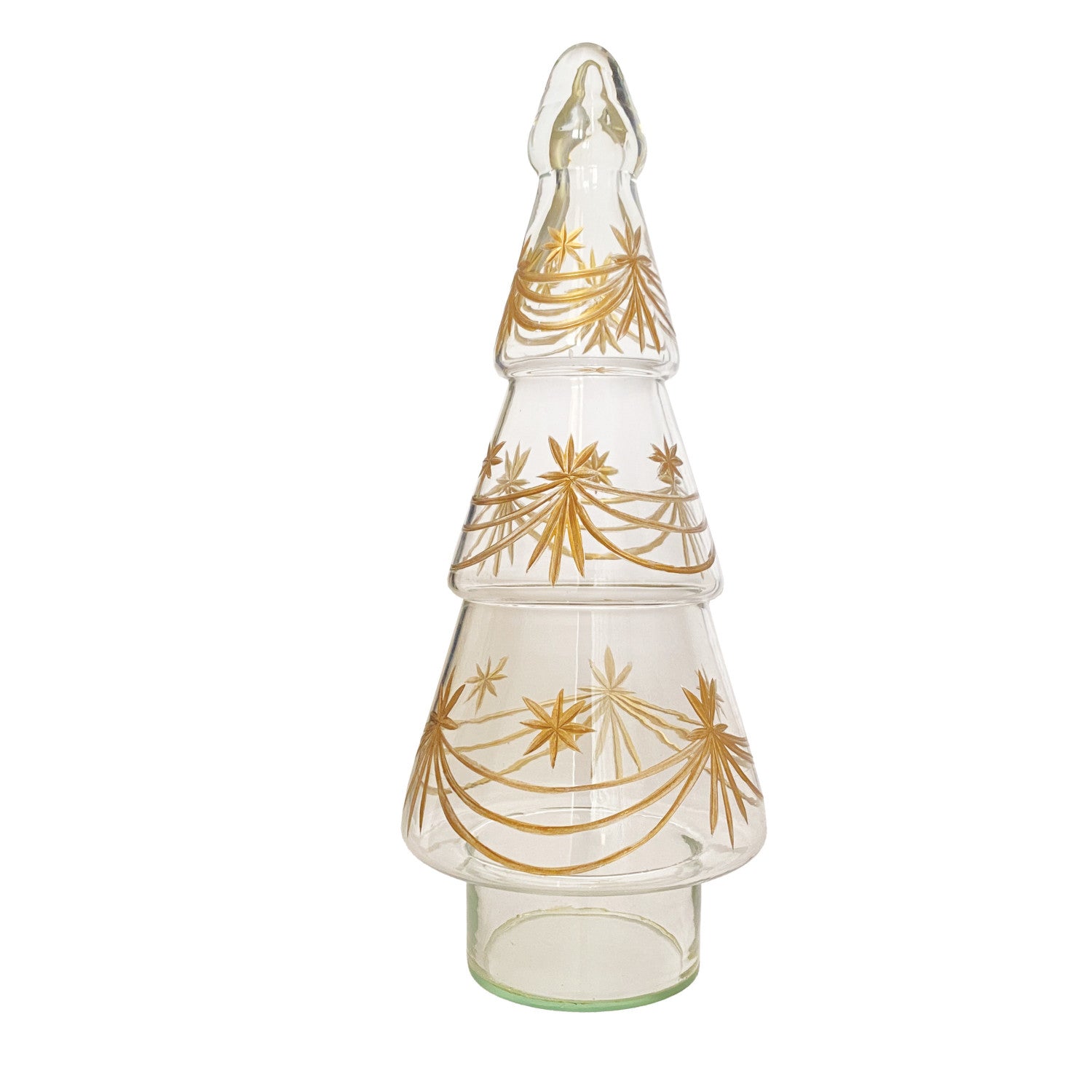 Hand-Blown Etched Glass Tree with Design, Gold Finish