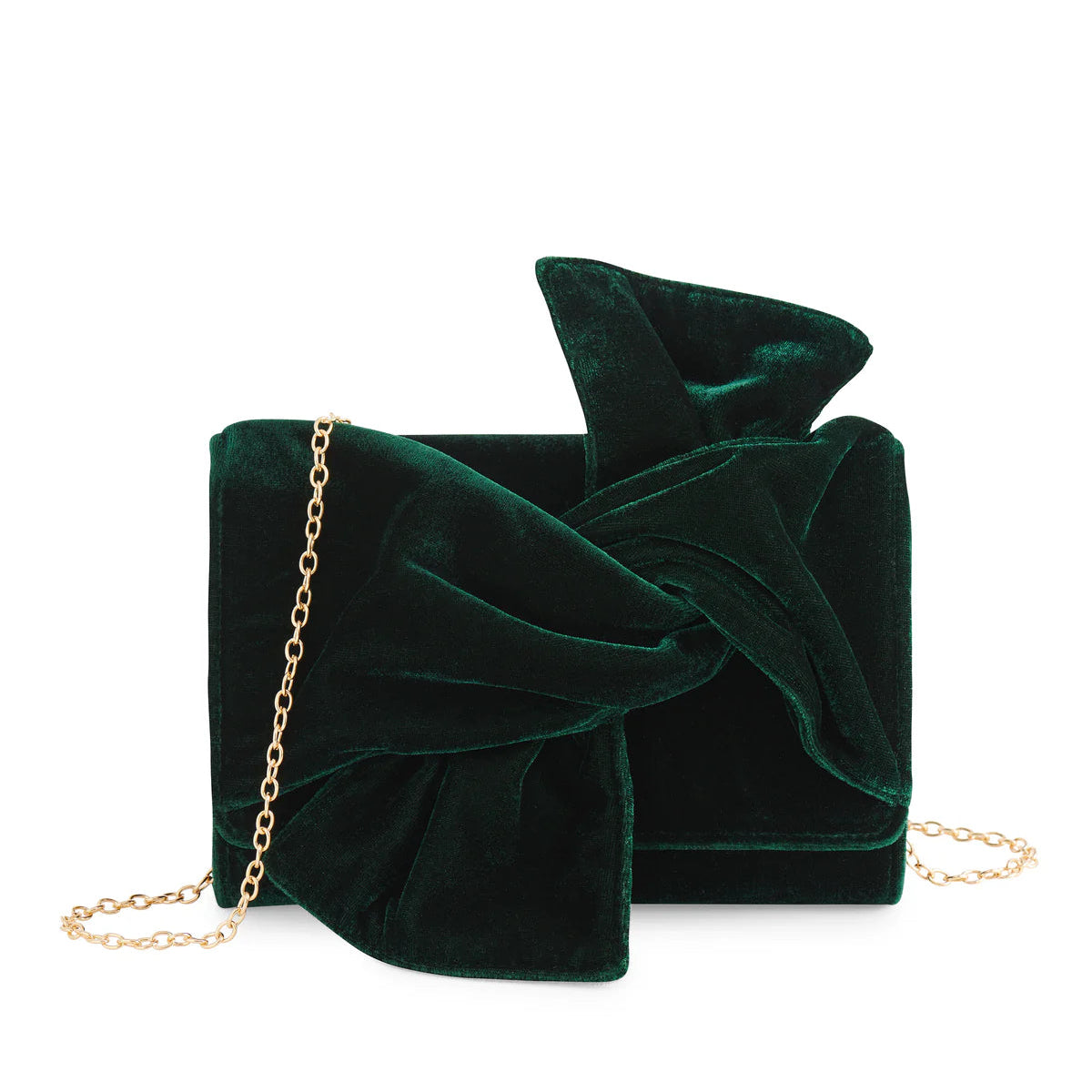 Green velvet clutch bag with a gold chain on a white background