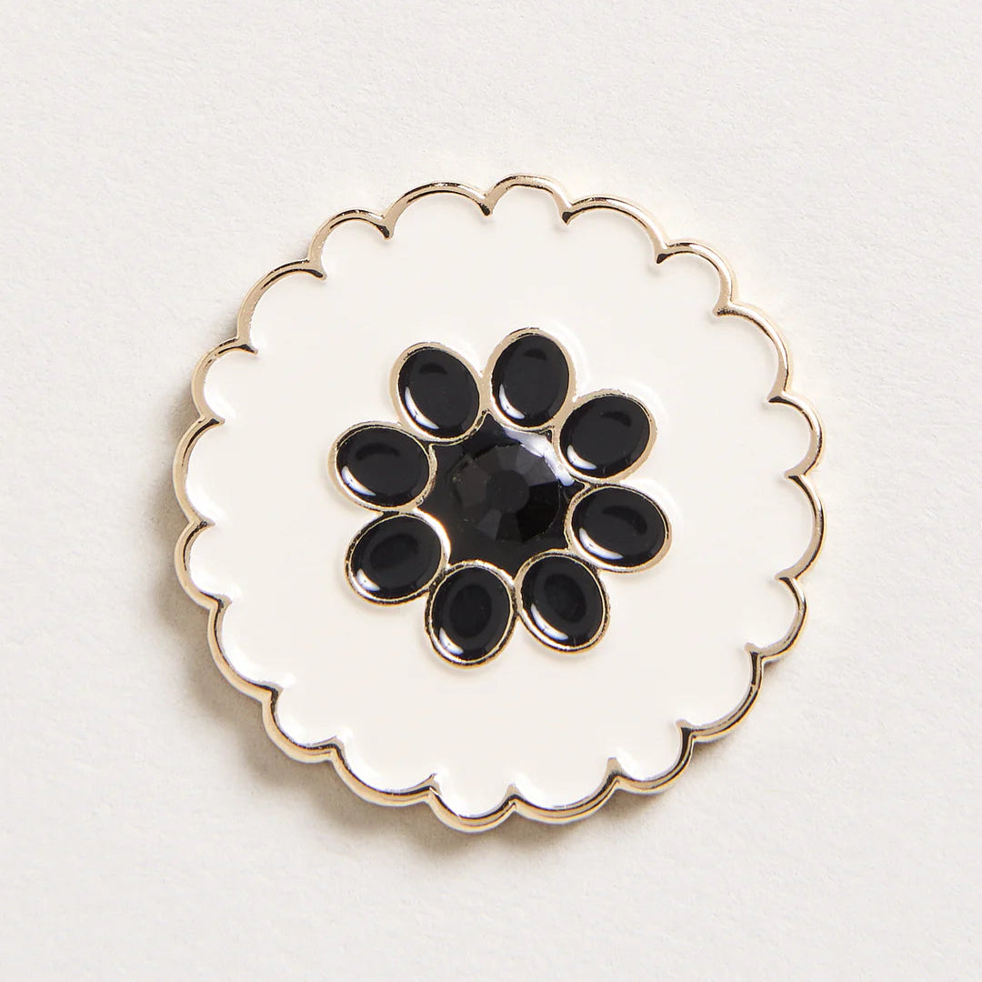 Decorative plate with black floral design on a white background