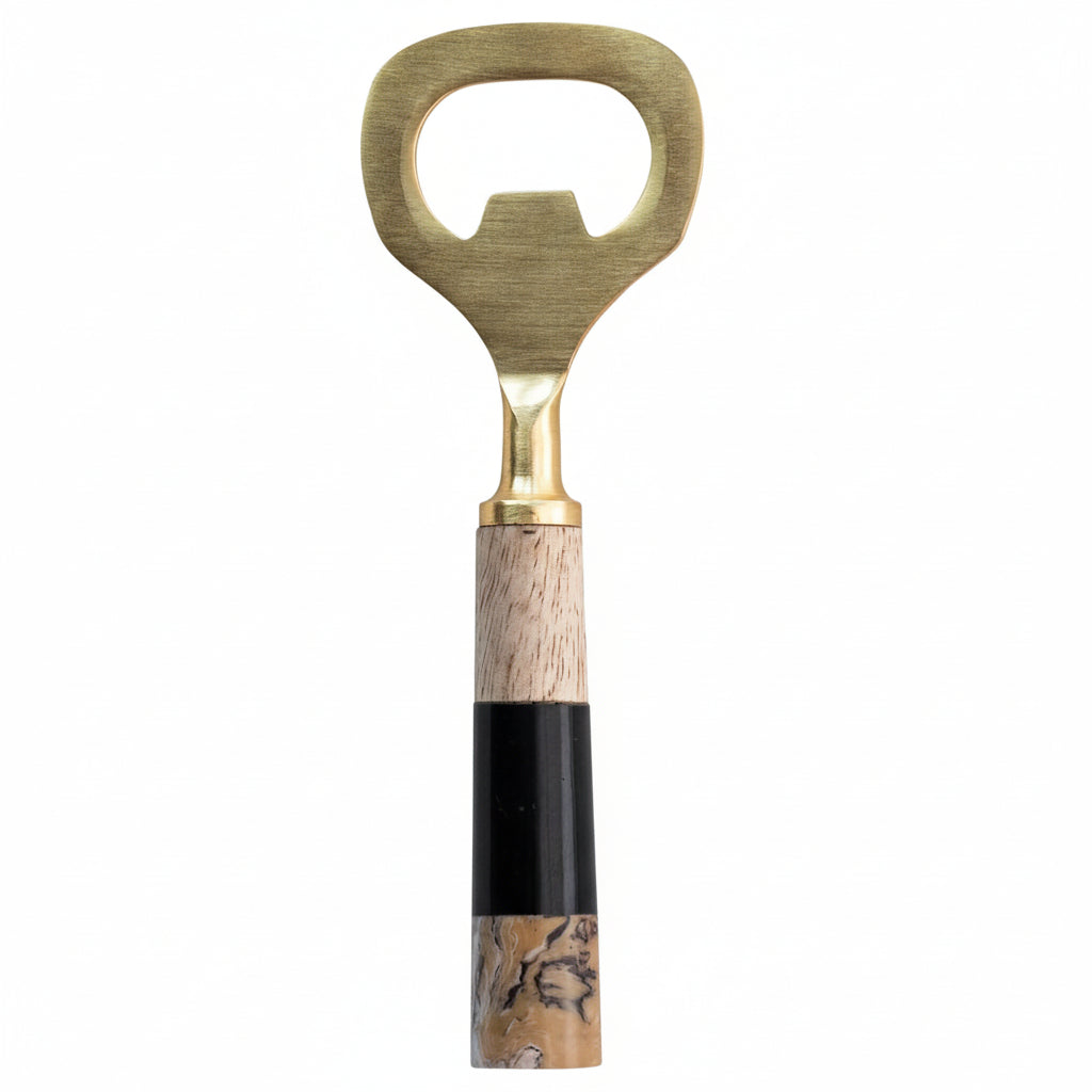 Bottle opener with wooden and marble handle on a white background