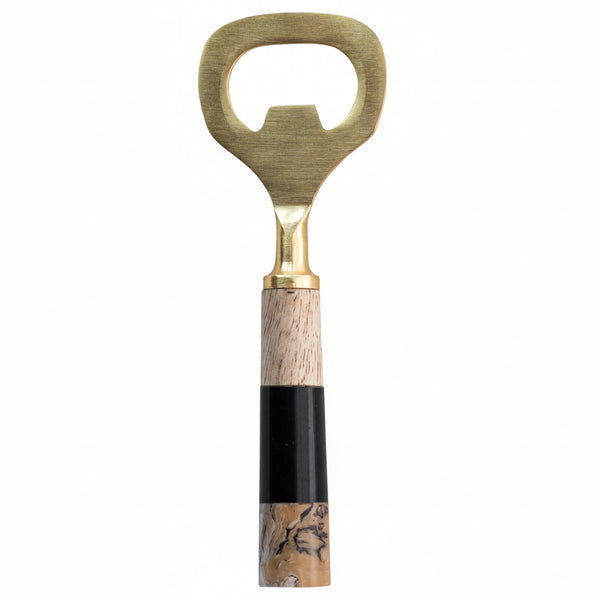 Bottle opener with wooden and marble handle on a white background