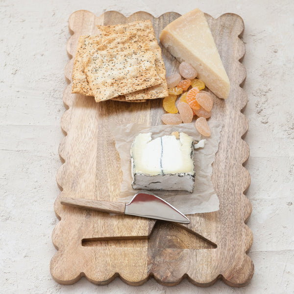 Mango Wood Scalloped Cheese / Serving Board w/ Stainless Steel Cheese Knife