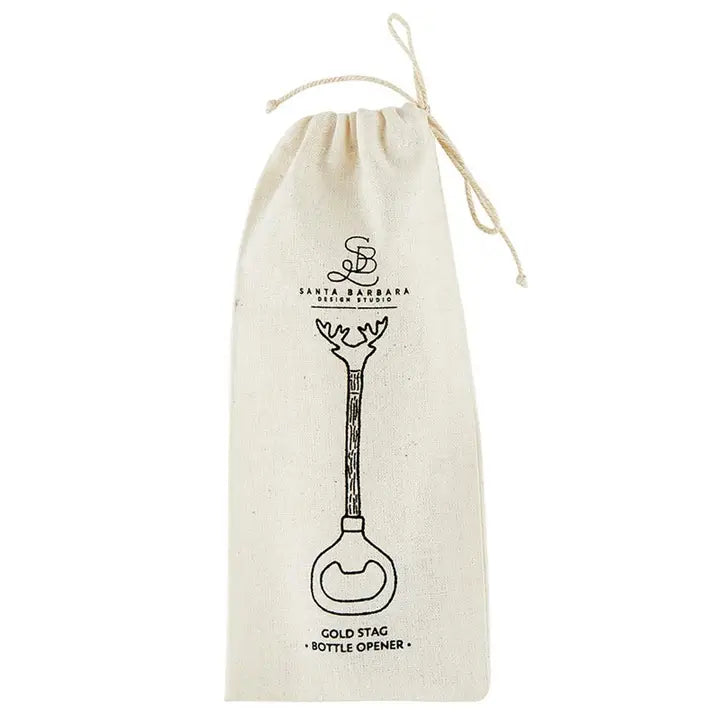 Drawstring bag with gold stag bottle opener design and Santa Barbara Italian Fish Company branding.