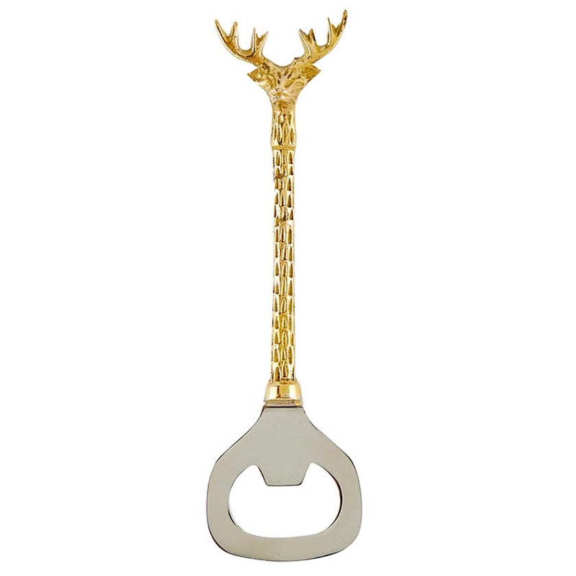 Gold deer-shaped bottle opener on a white background