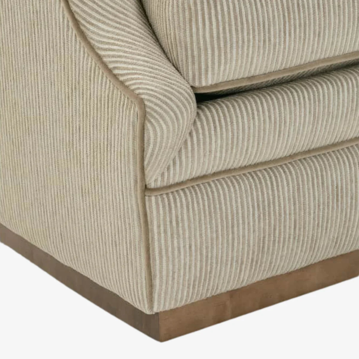 Close-up of a beige upholstered chair with striped pattern on a white background