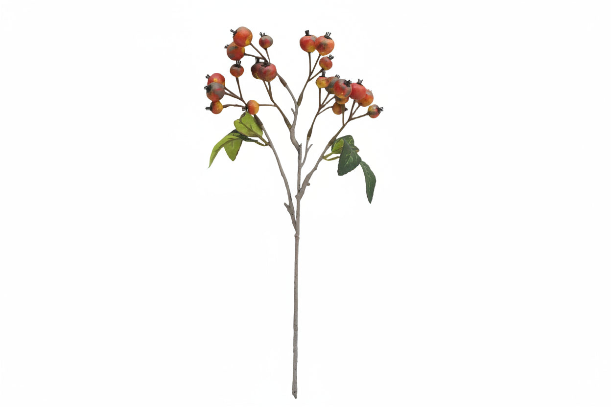 An artificial rosehip branch with small orange-red berries, green leaves, and a gray stem on a white background, with a product code and dimensions printed in the bottom right corner.