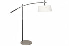 Modern floor lamp with white shade and metal arm on a white background