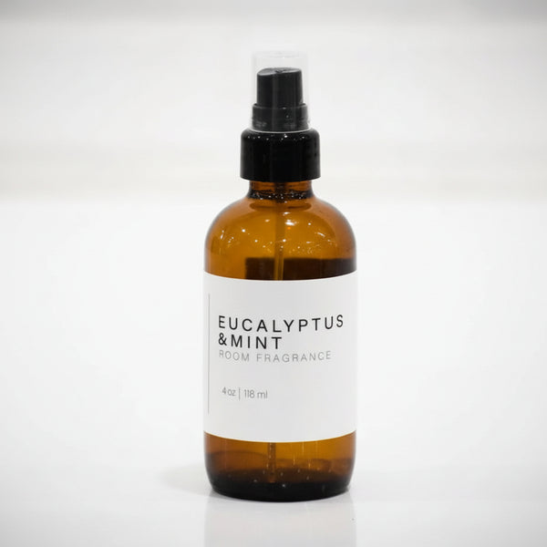 Amber glass bottle with black cap labeled 'Eucalyptus & Mint' on a white background