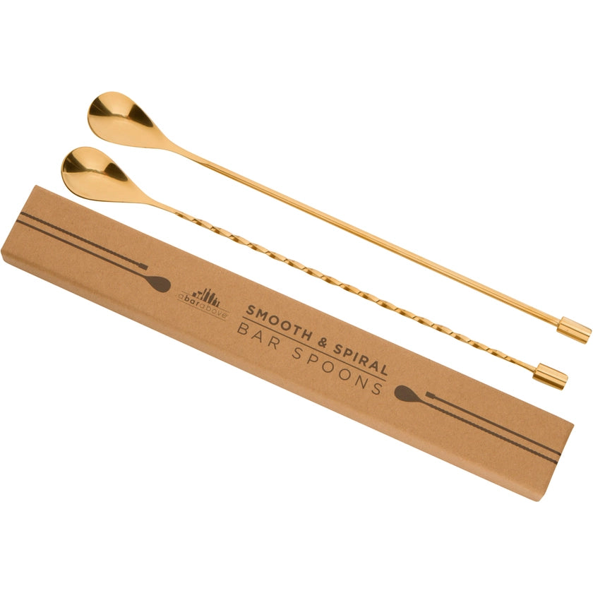 Two gold bar spoons with a cardboard holder labeled 'Smooth & Spiral Bar Spoons' on a white background.