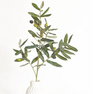 Artificial olive branch with green leaves and small olives in a white vase on a white background