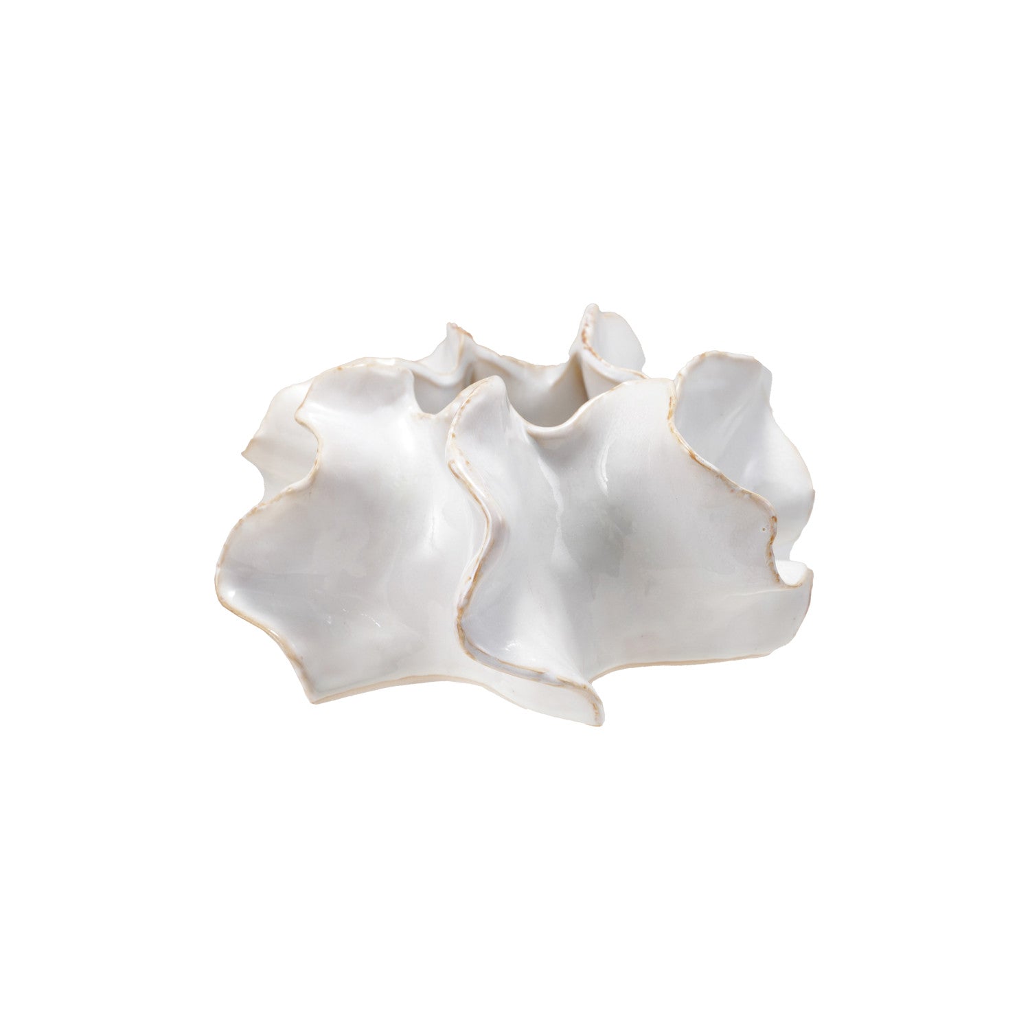 White ceramic dish with ruffled edges on a white background