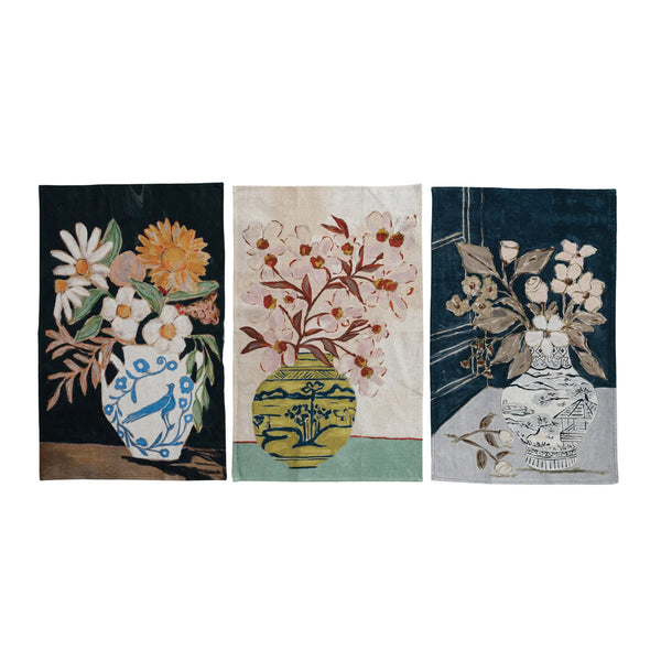 Cotton & Linen Printed Tea Towel w/ Flowers in Vase