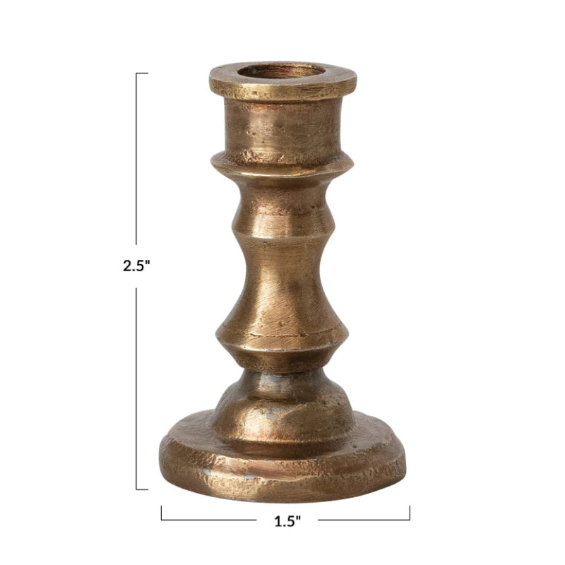 Bronze candle holder with dimensions on a white background