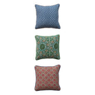 12" Square Cotton Slub Pillow with Block Print Pattern & Piping, 3 Styles