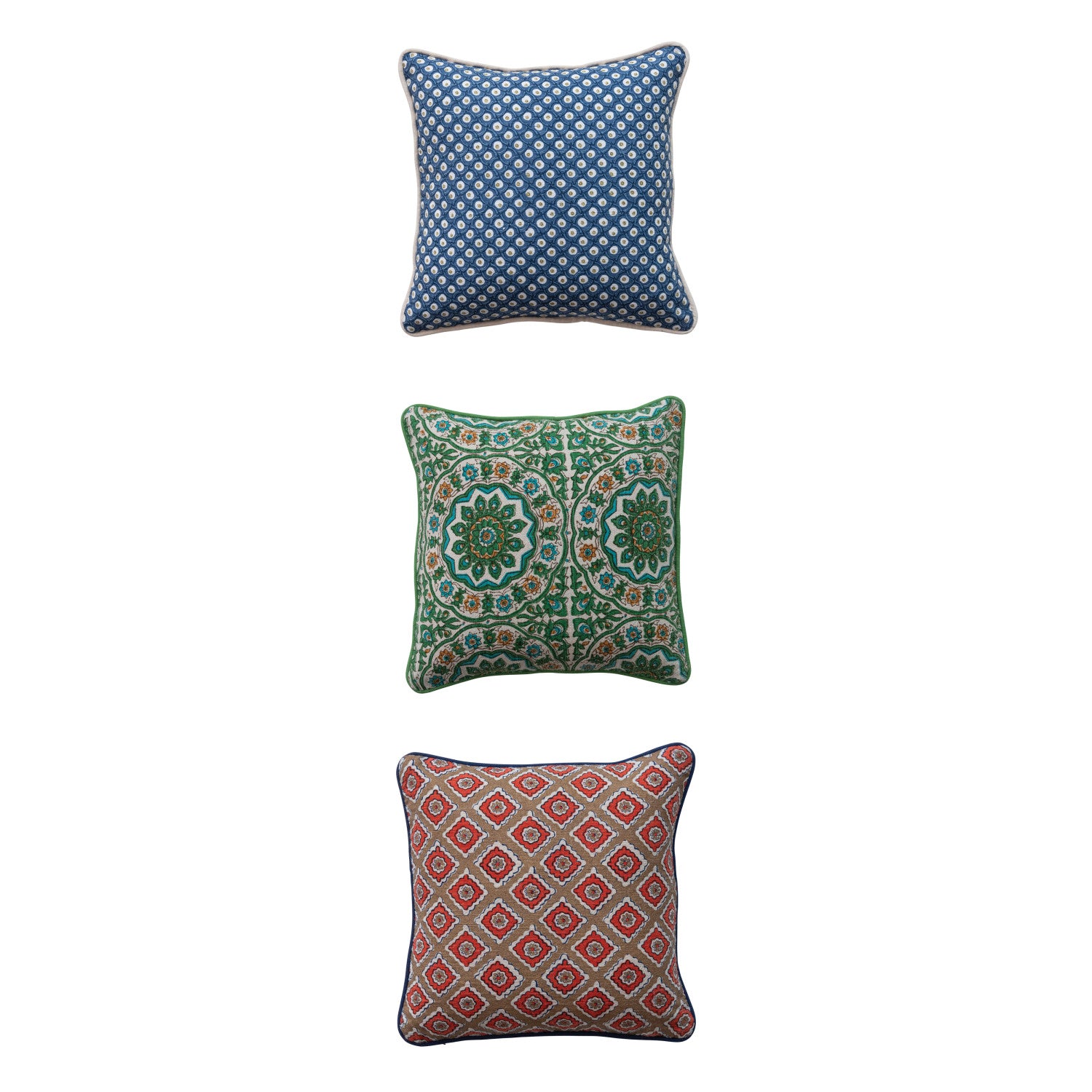 12" Square Cotton Slub Pillow with Block Print Pattern & Piping, 3 Styles