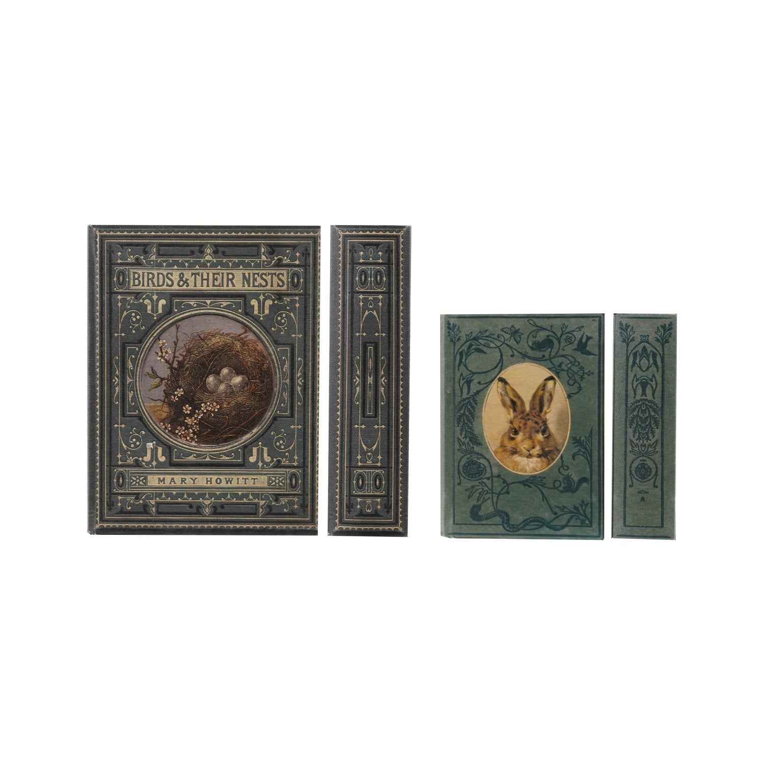 MDF & Canvas Book Storage Boxes with Bird Nest & Rabbit, Set of 2