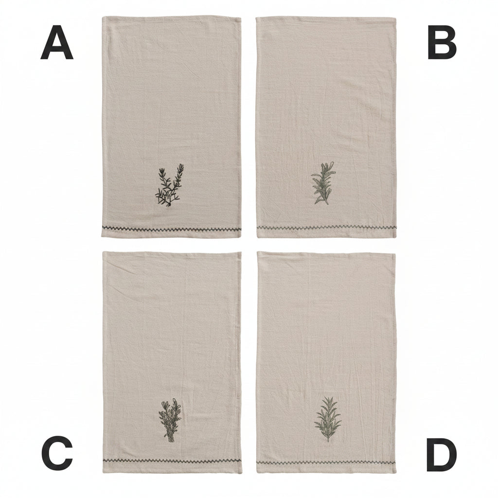 Cotton Tea Towel with Embroidered Herbs & Trim, 4 Styles