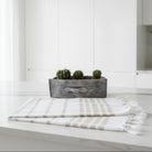 Folded white and beige striped towel with a cactus in a wooden planter on a light background