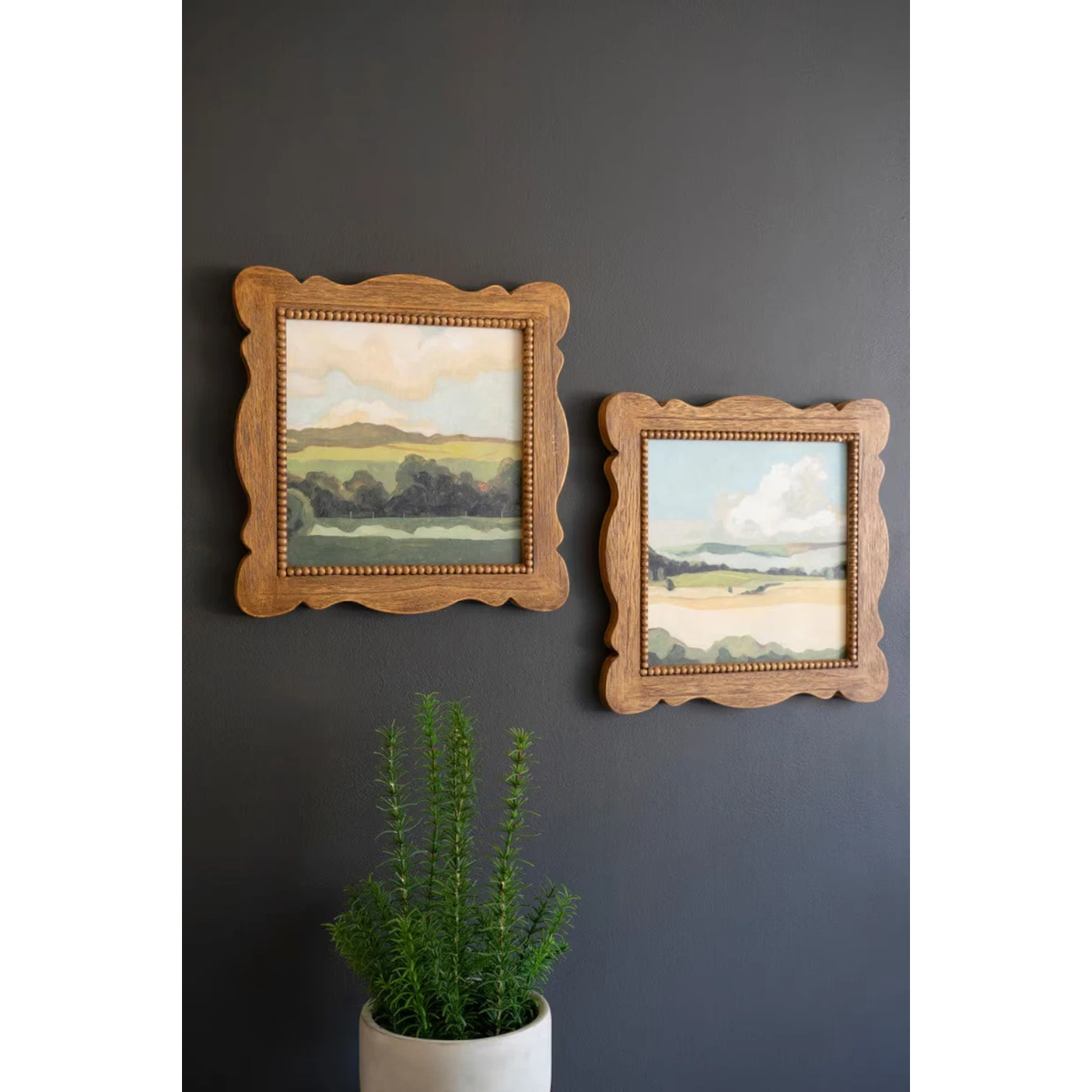 FurnishHere natural wood framed landscape acrylic paintings with beaded edge detail in shades of green and blue, 16x16 inches.
