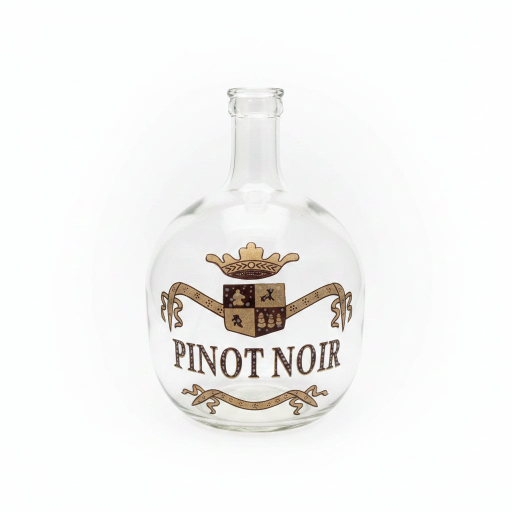 Clear glass bottle with 'Pinot Noir' label on a white background