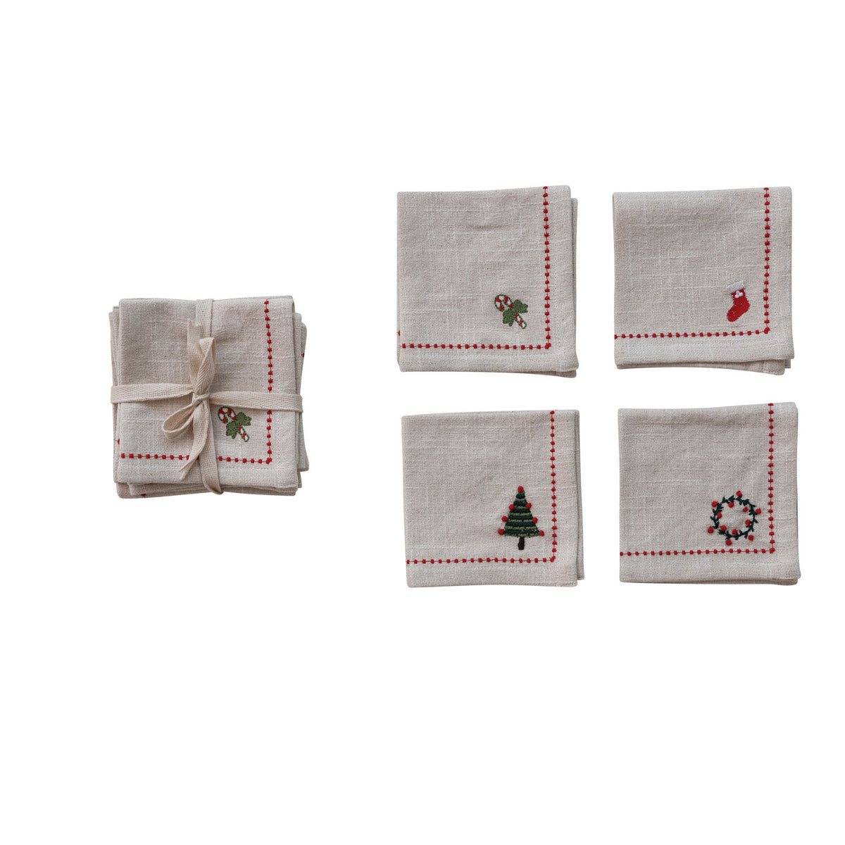 Woven Cotton Cocktail Napkins with Border Stitch, Set of 4 Tied with Cotton Tape
